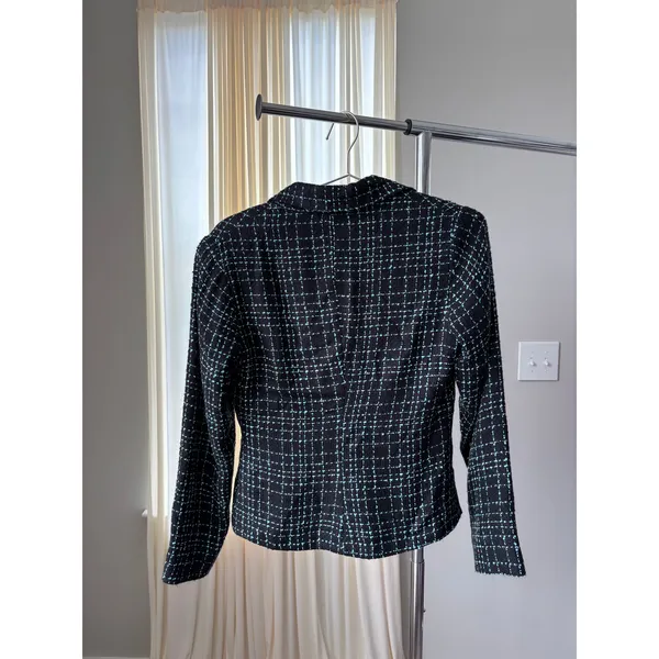 Y2K Tweed Blazer S Blue Plaid Floral Lapel Rosette Office Siren Whimsy Rom Com - Image 10