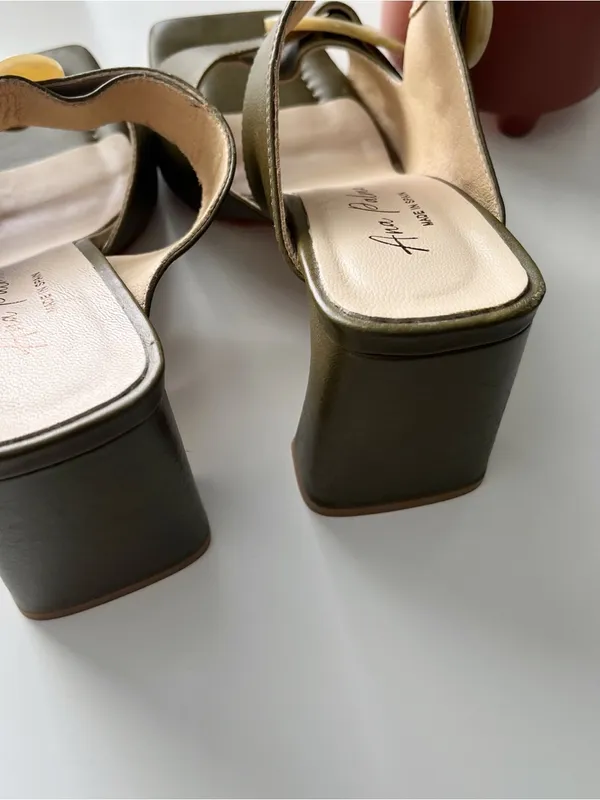 Ana Palma Olive Green Leather Ivory Buckle Block Heel Mules Made in Spain - Image 6