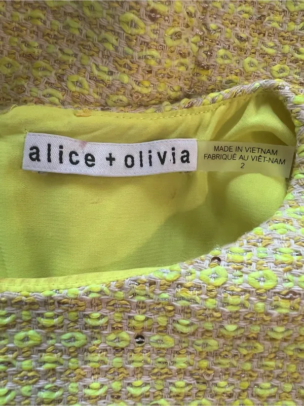 Alice + Olivia Clyde Neon Yellow Tweed Sequin Shift Mini Dress Size 2 - Image 3