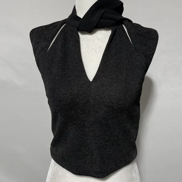 Zara Slit Front Cap Sleeve Cropped Tie Neck Top Black Size Small 5410/234/800 - Image 8
