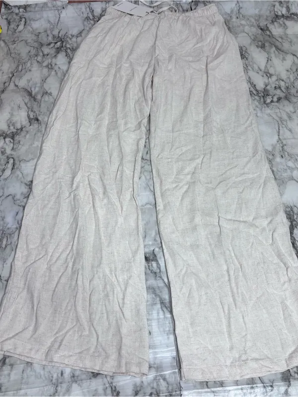 stradivarius Cream Wide Leg Linen Blend Pants pull on drawstring waist small NWT - Image 8