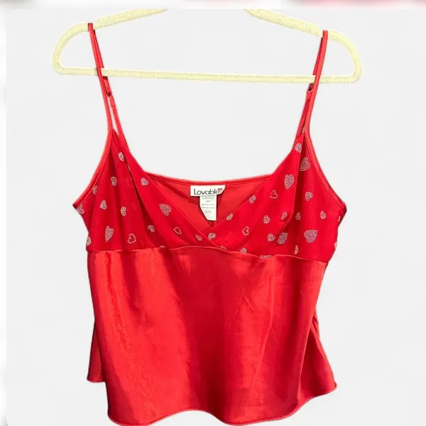 Y2K Red Heart Print Satin Camisole Crop Top Size Large Slip Tank - Image 3