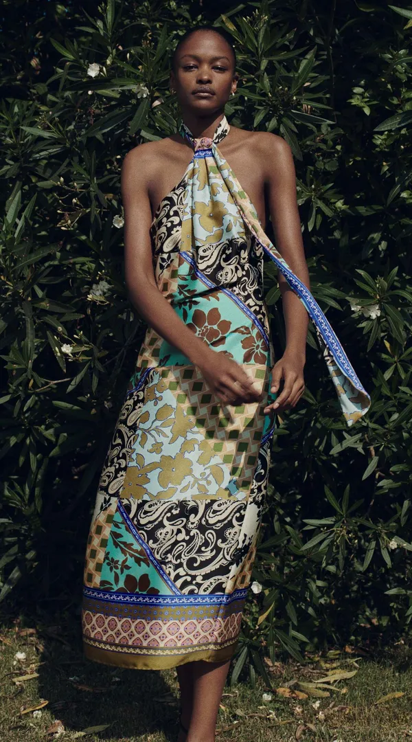 ZARA dress maxi Multicolor Halter printed satin effect casual wedding party - Image 3