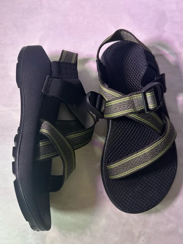 Chacos Black Sandal with Olive and Tan Striped Webbing - Image 6