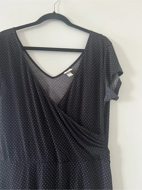 Merona Black Polka Dot Faux Wrap Midi Dress Large Teacher Office Modest Church - Image 3