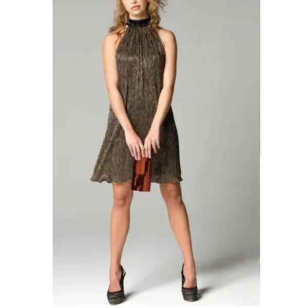 Laundry by Shelli Segal Metallic Gold Sleeveless Dress with Bow Neck Size 8 NWT - Image 5