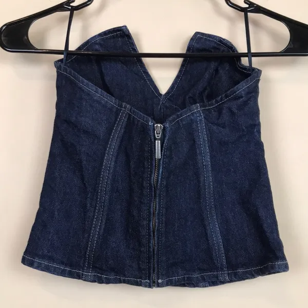 Zara Women’s Dark Wash Blue Denim Jean Boning Split Neck Zipper Back Bustier Top - Image 4