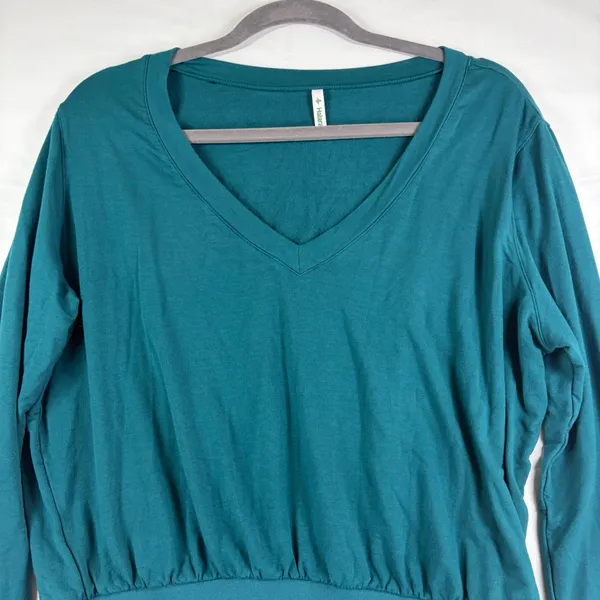Halara Teal Green‎ V-Neck Long Sleeve Wide Waistband French Terry Top Size MED - Image 3