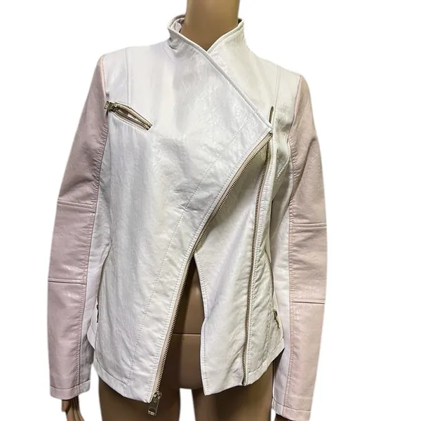 Guess Pink White Faux Leather Moto Jacket Gold Exposed Zipper Womens Small - Image 5