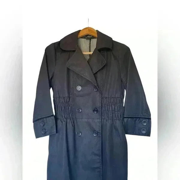 Willi Smith Black Double Breasted Trench‎ Coat Elastic Waist Button Front Small - Image 2