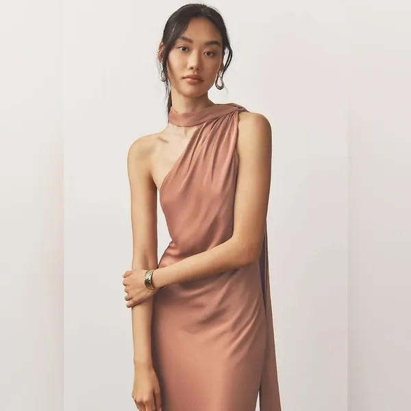 BHLDN Nicoletta One Shoulder Scarf Satin Midi Dress - Image 10