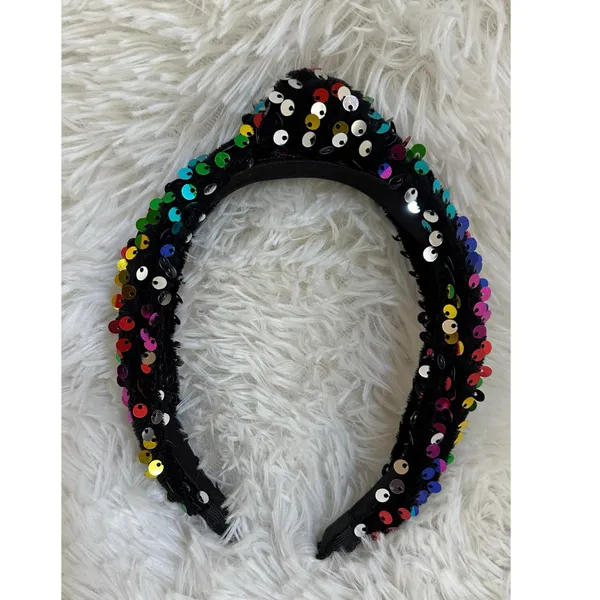 Headband metallic Velvet & Sequin Plush Headband. Rainbow Sequin Twist - Image 3