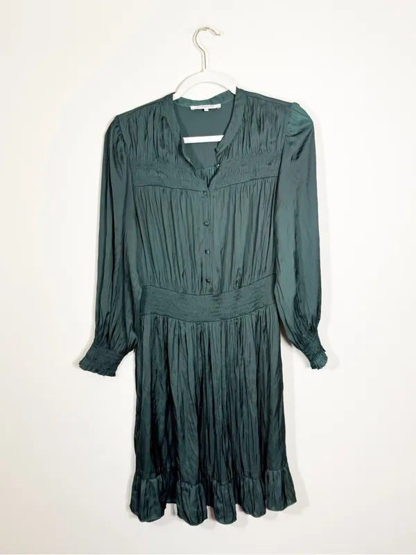 Gerard Darel Johan Smocked Trim Dark Green Dress Size 6 - Image 4