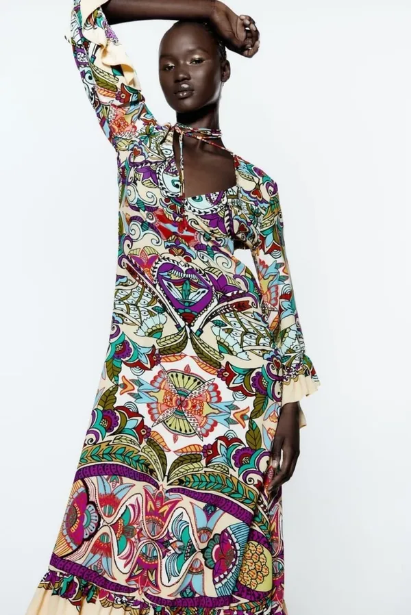 Zara Bohemian ruffled Patterned Maxi Dress casual summer vacation - Image 13