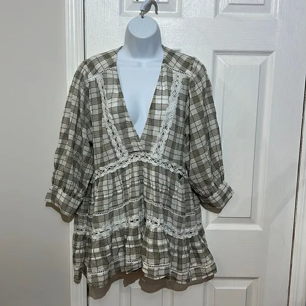Free People Time Out Babydoll Tunic Cotton‎ Ivory grey combo size SP - Image 3