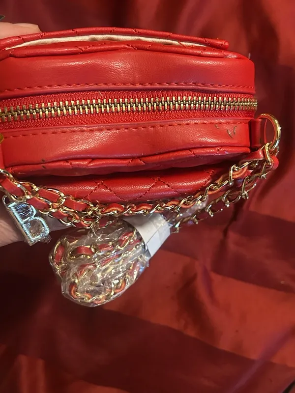 Bebe Red Quilted Heart Crossbody Bag with Gold Chain Charms - Image 12
