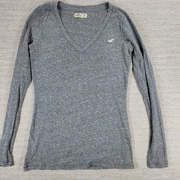 Hollister V Neck Long Sleeve Basic Tee Size M Womens Gray Slim Fit Logo Y2K - Image 3