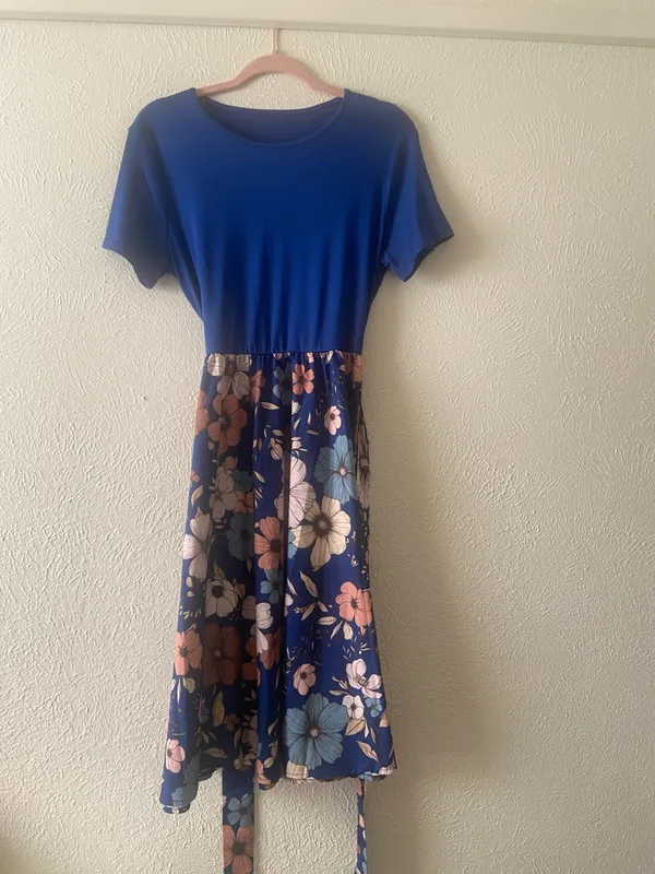 Women’s Blue Floral Midi Dress with Tie Waist - Image 3