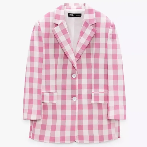 Zara Oversized Gingham Print Blazer Jacket Pink/White Size XS NEW - Image 9