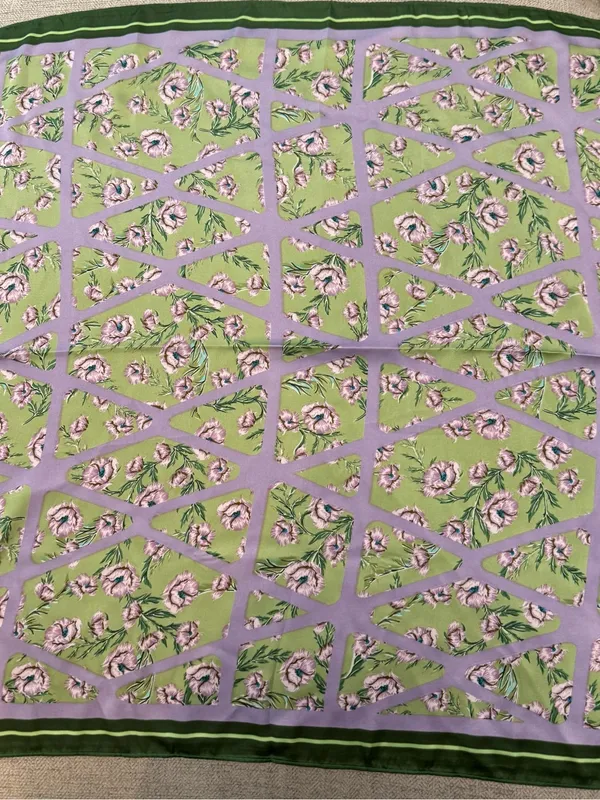Floral satin like Scarf in Green & Lavender - Image 5