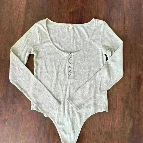 OPEN EDIT Henley Organic Cotton Blend Bodysuit color grey size L - Image 3