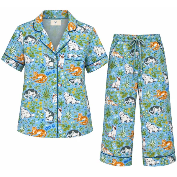 Printfresh Must Love Cats Pajama Set XS Blue Organic Cotton Top & Crop Pants NWT - Image 3