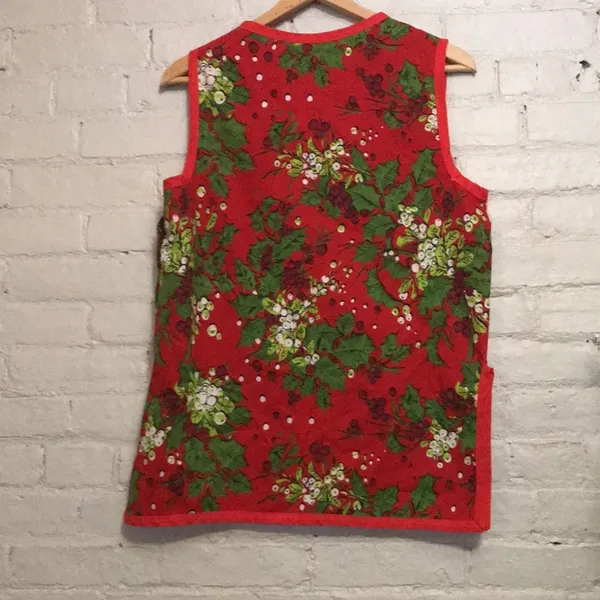 Handmade M Red Christmas Holly Sleeveless Front Pocket Snap Closure Shirt Apron - Image 4