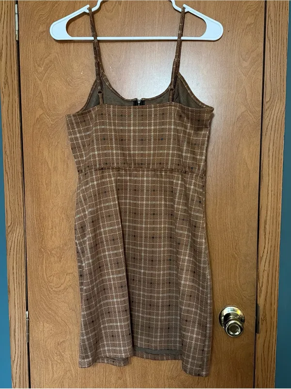 No Boundaries Brown Plaid Spaghetti-Strap Mini Dress with Front Zip - Image 2