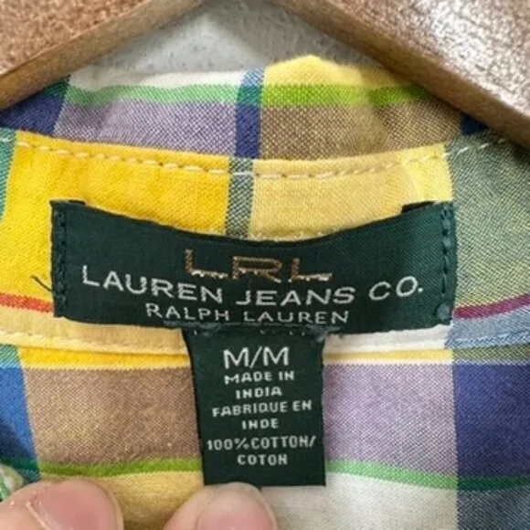 Lauren Ralph Lauren Women's Yellow Blue Plaid Cotton Button Down Shirt Preppy‎ - Image 6