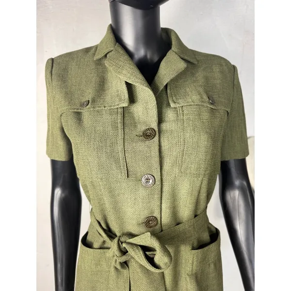 Dressbarn Olive Green Safari Style Short Sleeve Belted Shirt‎ Dress Sz 4 - Image 3
