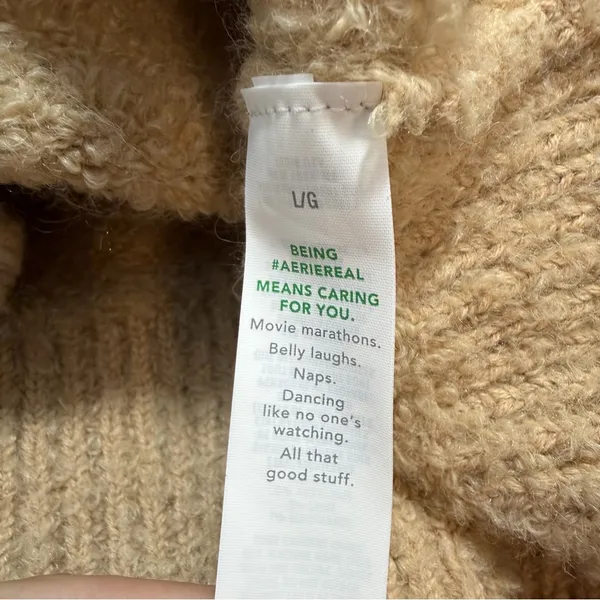 Aerie Teddy Boucle Sweater Womens L Tan Camel Fuzzy Oversized V Neck Wool Blend - Image 7