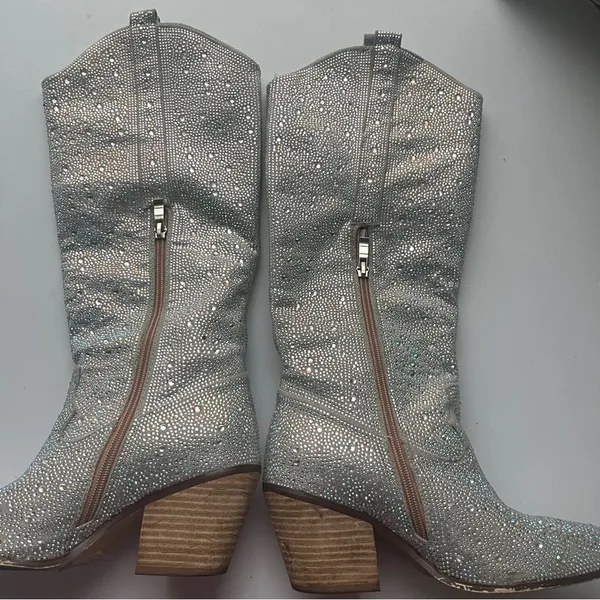 Boutique Silver Crystals Bling Rhinestone Western Cowboy Boots Size 5 6 - Image 9