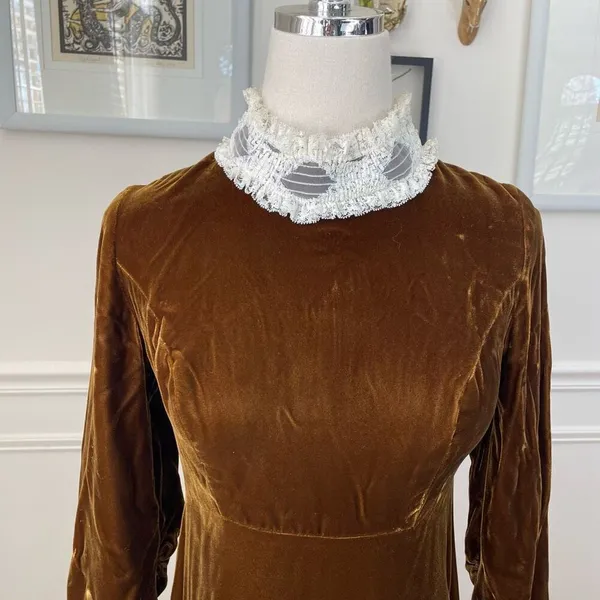 Vintage 70s Brown Velvet Maxi Dress Lace Collar Cuff XS - Image 3