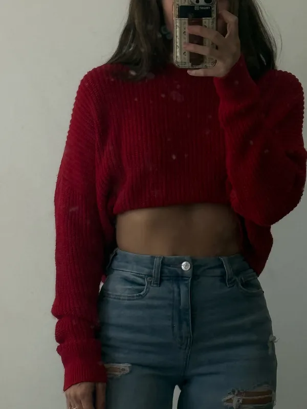 Red Cropped Wild Fable Sweater Knit Long Sleeve - Image 3
