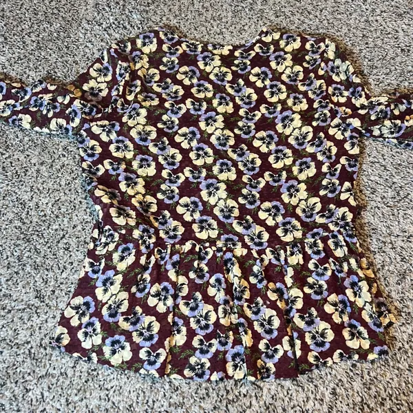 Madewell Floral Print Long Sleeve Peasant Top‎ Burgundy Pansy Motif Size Small - Image 11