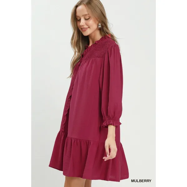 Umgee Smocked Ruffle Detail Tiered Mini Dress - Mulberry‎ - Small - Image 2