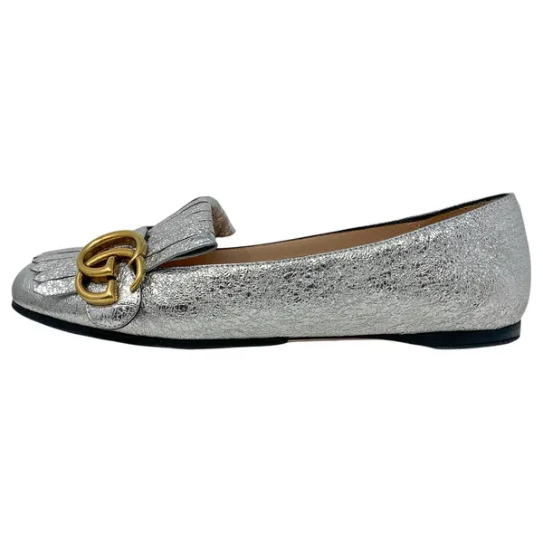 Gucci Silver Foiled Leather Marmont GG Logo Kiltie Fringe Flat Loafers EU 35 - Image 3