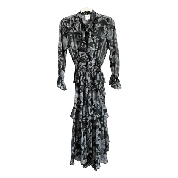 MISA Los Angeles Agnese Ruffle Tiered Midi Dress Chiffon Black Floral Boho XS - Image 2