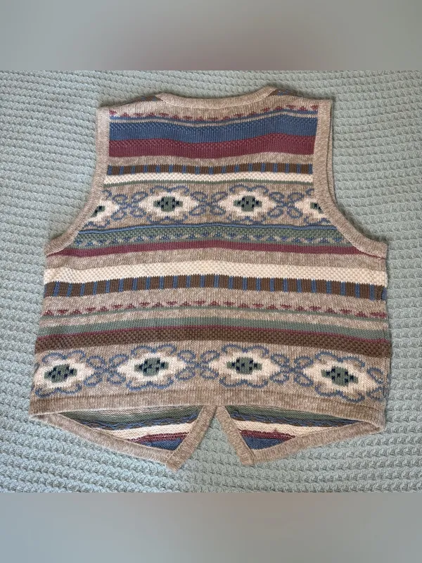 Vintage Hand Embroidered Christopher & Banks Sweater Vest Large Tan Mauve 90s - Image 3