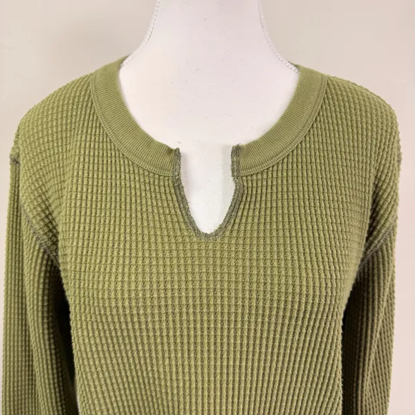 Madewell Womens Olive Green Waffle Knit Notch Neck Thermal Top Size Medium - Image 5