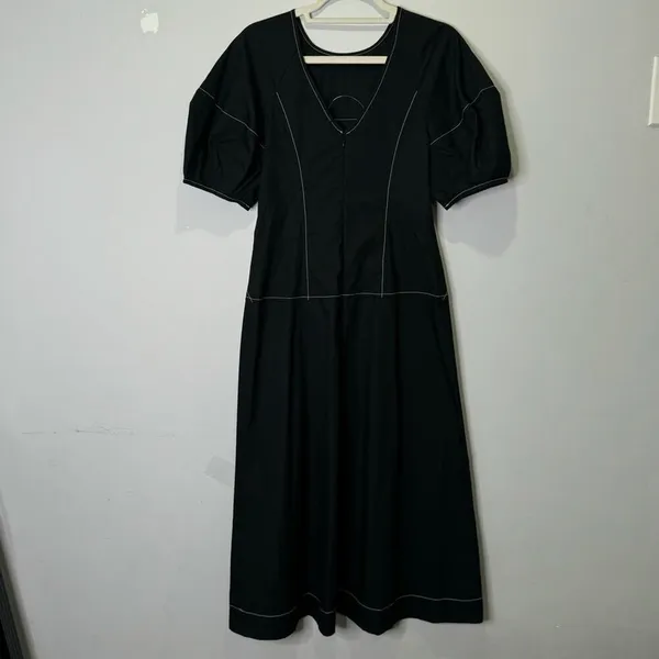 NWT‎ Madewell Puff-Sleeve Drop-Waist Midi Dress Lightweight Cotton Black NQ890 - Image 5