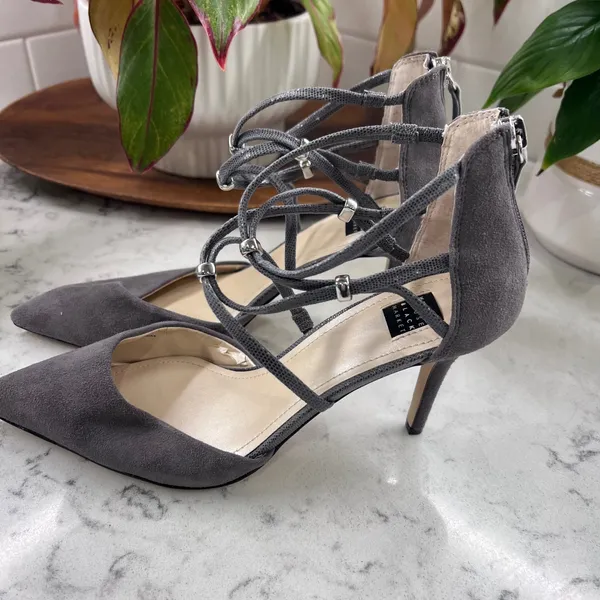 White House Black Market Grey Suede Strappy Pointed Toe Stiletto Heels Pumps - Image 4