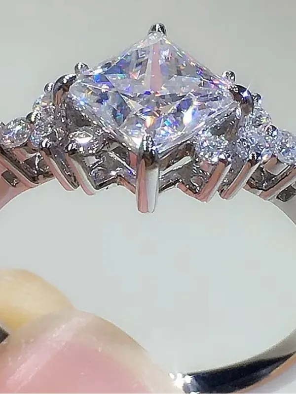 White Gold Plated Diamond-Cut Princess CZ Engagement Ring Size 9 - Image 4
