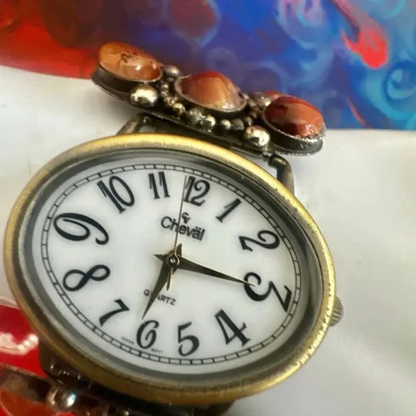 Vintage Cheval Quartz Agate Stone Cuff Watch - Image 9