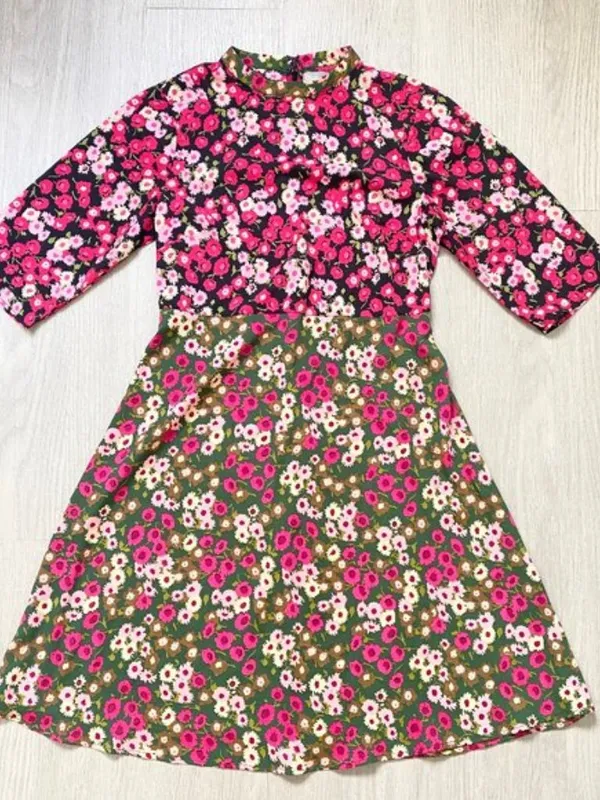 ASOS Pink and Green Mini Floral Print Half Sleeve A-Line Dress - Image 2