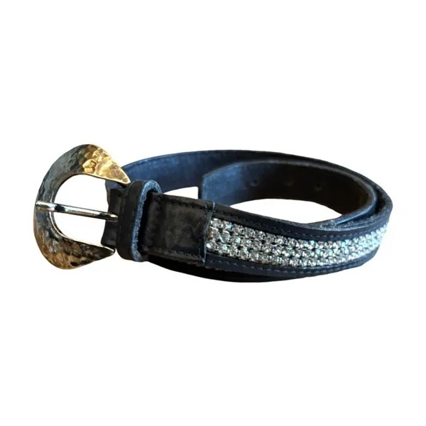 Italian Leather Rhinestone Belt Size XS Western Silver Black Boho Vintage - Image 10