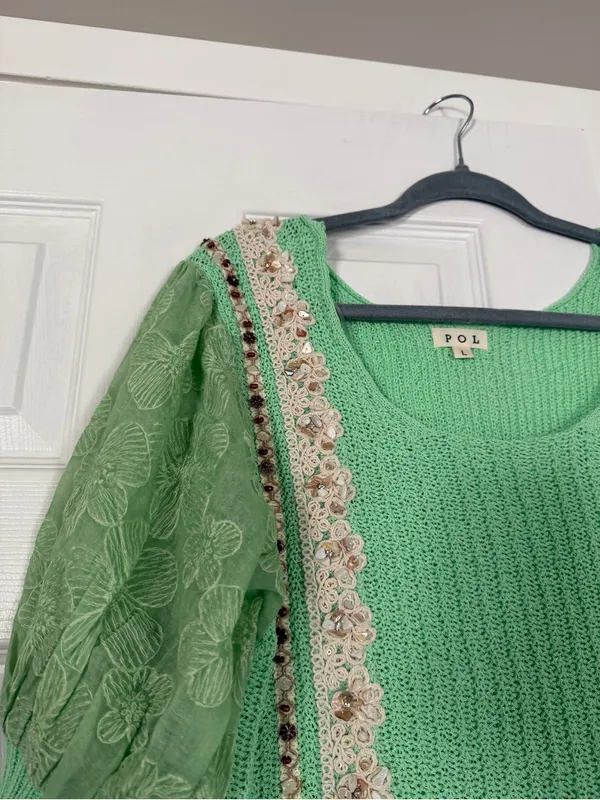 POL Mint Green Puff-Sleeve Knit Top with Lace Trim - Image 5