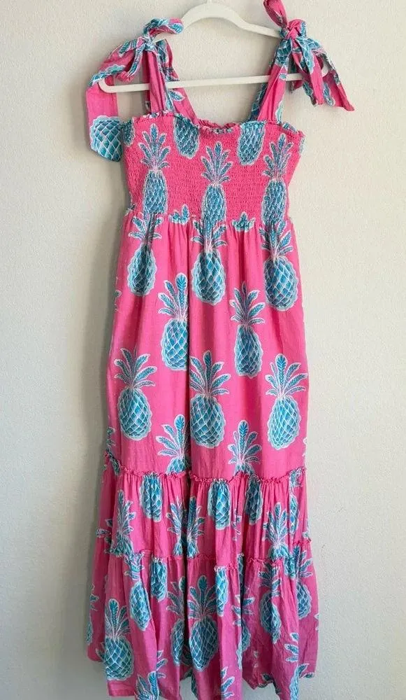 Crown & Ivy Women’s Dress M Pink Blue Pineapple Swiss Dot Smocked Maxi Beach - Image 6