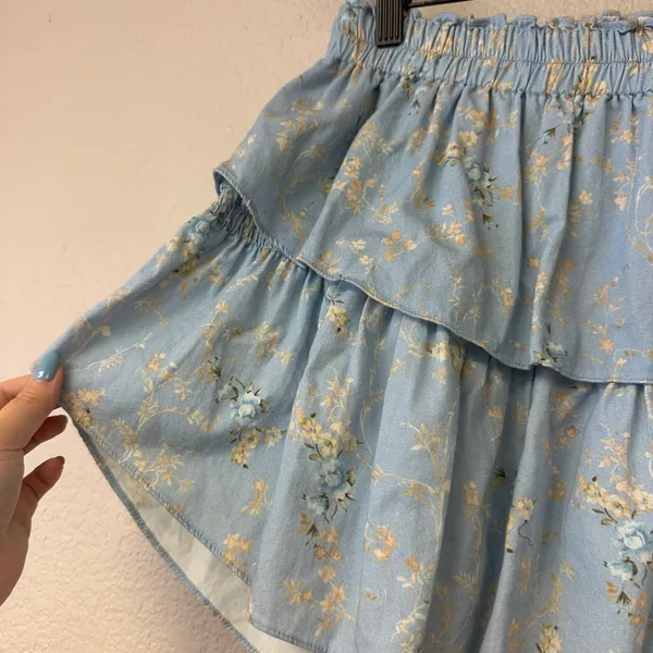 LoveShackFancy Dim Star Floral Tiered Mini Skirt Blue Size Small - Image 4