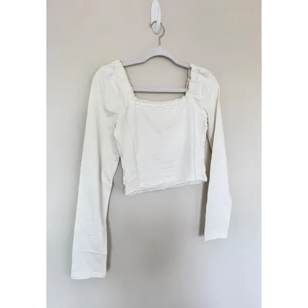 Free People Ivory Lace Trim Ruched Long‎ Sleeve Crop Top Tie Front Size Medium - Image 4